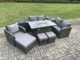 Fimous Outdoor Sofa Rattan Garden Furniture Set Patio Gas Fire Pit Dining Table & Reclining Chair set with 2 Side Tables 3 Footstools in Dark Grey - thumbnail 3