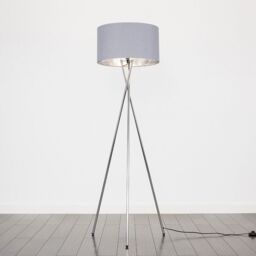 ValueLights Camden Grey & Metallic Shade & Chrome Tripod Floor Lamp with Bulb in Metallic Silver - thumbnail 2