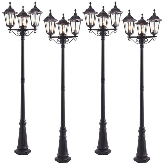 Loops 4 PACK Outdoor Lantern Lamp Post Matt Black & Glass 2.3m Tall 3 Light Bollard - image 1