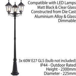 Loops 4 PACK Outdoor Lantern Lamp Post Matt Black & Glass 2.3m Tall 3 Light Bollard - thumbnail 2