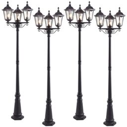 Loops 4 PACK Outdoor Lantern Lamp Post Matt Black & Glass 2.3m Tall 3 Light Bollard