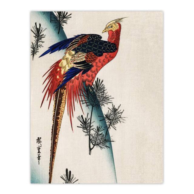"Artery8 Pheasant & Small Pine Vintage Japan Wall Art Print Hiroshige in Red - Size: W24"" x H32""" - image 1