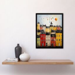 Artery8 Wall Art Print Cycling The Rooftops Celebration Whimsical Fun Townscape Artwork Painting Art Framed in Black - Size: A4 - thumbnail 4