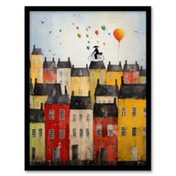 Artery8 Wall Art Print Cycling The Rooftops Celebration Whimsical Fun Townscape Artwork Painting Art Framed in Black - Size: A4 - thumbnail 1