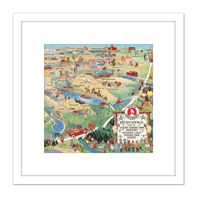 Artery8 Map Scheuerle 1925 Glacier National Park Montana USA 8X8 Inch Square Wooden Framed Wall Art Print Picture with Mount in White - image 1