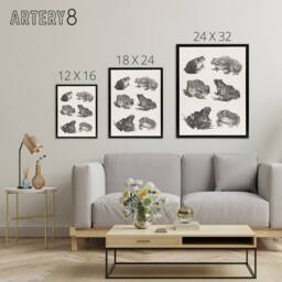 "Artery8 Six Frogs & Toads Pencil Drawing Framed Canvas Wall Art Print Hoytema in White - Size: W18"" x H24""" - thumbnail 4