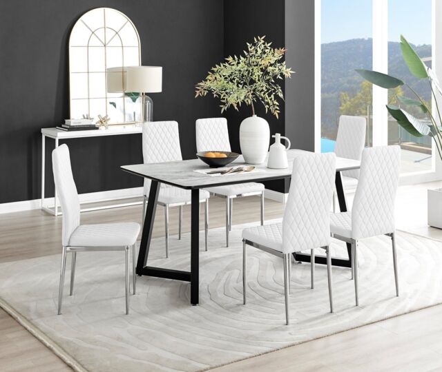 FurnitureboxUK Carson White Marble Effect Dining Table & 6 Milan Chrome Leg Chairs - image 1