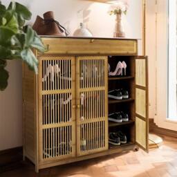 Kelvenix 98cm Bamboo Tall Shoe Cabinet Heels Shoe Rack in Brown - Size: 0.6m2 - thumbnail 4