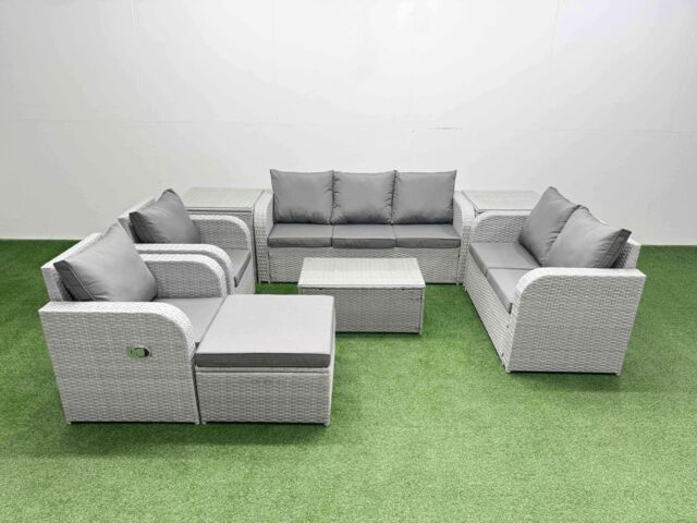 Fimous PE Rattan Garden Furniture Set Adjustable Chair Sofa Double Love Seat 2 Seater Sofa Lounge Set Oblong Coffee Table Big Footstool 2 Side Table - image 1