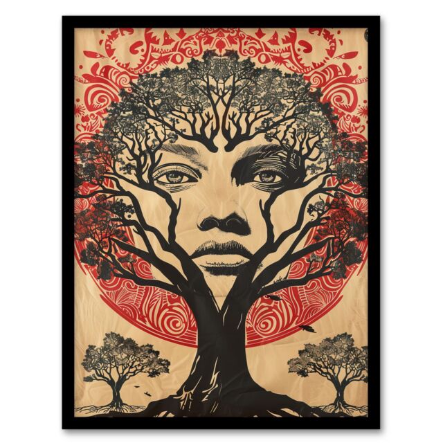 "Artery8 Face in Trees Mystic Mother Earth Hippy Tribal Framed Art Print in Beige - Size: W12"" x H16""" - image 1