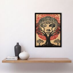 "Artery8 Face in Trees Mystic Mother Earth Hippy Tribal Framed Art Print in Beige - Size: W12"" x H16""" - thumbnail 4