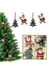 Neel Blue Wooden Christmas Hanging Decorations, Rustic Xmas Tree Ornaments with Santa Claus - 4 Designs in Red