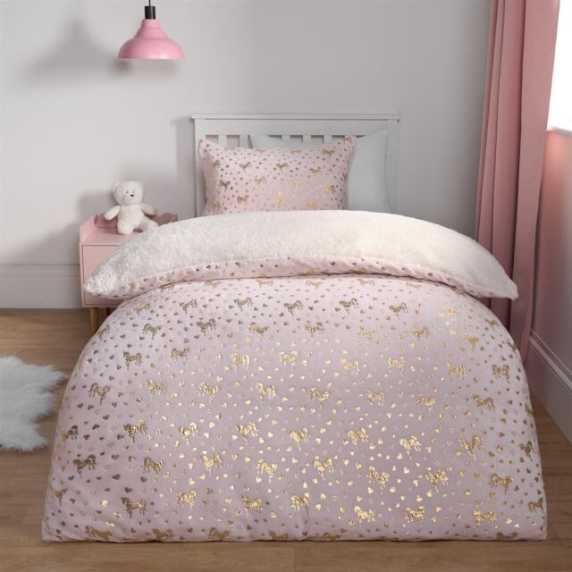 OHS Unicorn Duvet Cover Fleece Heart Warm Quilt Reversible Soft Metallic Bedding Set in Pink - Size: Double - image 1