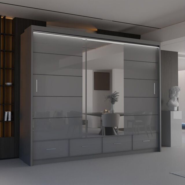 Sliding Wardrobes 4U Luxury High Gloss Sliding Wardrobe with LED Light W255cm x H220cm in Grey - image 1