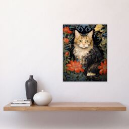 Artery8 Stylish Maine Coon Cat Flowers Floral Design Illustration William Morris Style Unframed Wall Art Print Poster Home Decor Premium - thumbnail 4