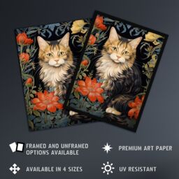 Artery8 Stylish Maine Coon Cat Flowers Floral Design Illustration William Morris Style Unframed Wall Art Print Poster Home Decor Premium - thumbnail 2