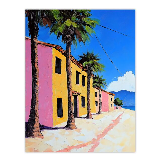 "Artery8 Coastal Village Houses Palm Trees Spain Townscape Wall Art Print - Size: W12"" x H16""" - image 1