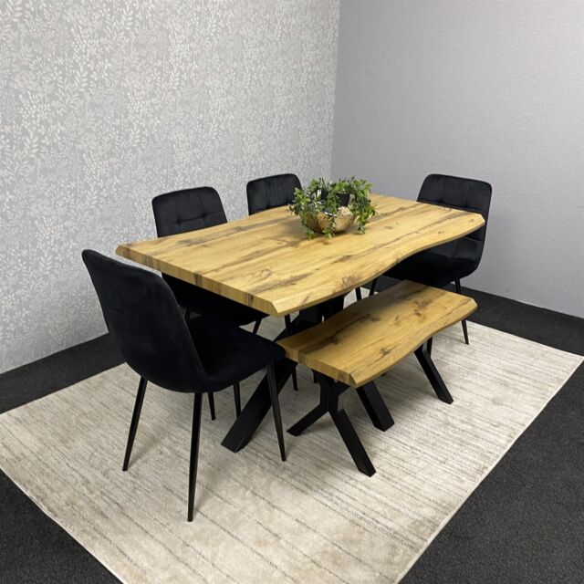 KOSY KOALA Wooden Dining Table with Bench & 4 Black Velvet Chairs, Stylish Dining Room Furniture in Brown - image 1