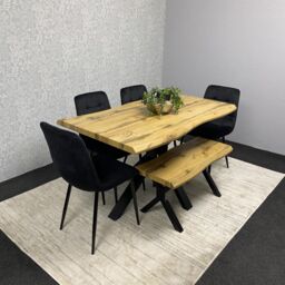 KOSY KOALA Wooden Dining Table with Bench & 4 Black Velvet Chairs, Stylish Dining Room Furniture in Brown