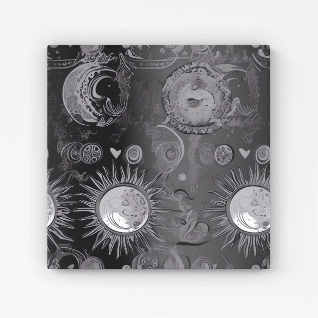 "Warren Reed - Designer Black Grey Abstract Sun & Moon Canvas - Size: W16"" x H16""" - image 1