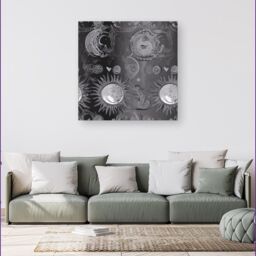 "Warren Reed - Designer Black Grey Abstract Sun & Moon Canvas - Size: W16"" x H16""" - thumbnail 4