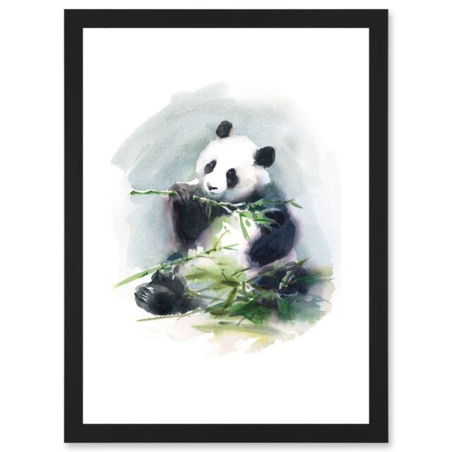 Artery8 Panda Eating Bamboo Watercolour Artwork Framed Wall Art Print A4 in Black - image 1