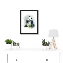 Artery8 Panda Eating Bamboo Watercolour Artwork Framed Wall Art Print A4 in Black - thumbnail 2