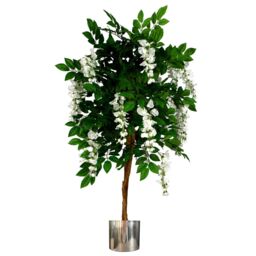 Leaf Artificial Wisteria Tree 130cm Luxury Wisteria 130cm Trunk Silver Metal Planter in Green - thumbnail 1