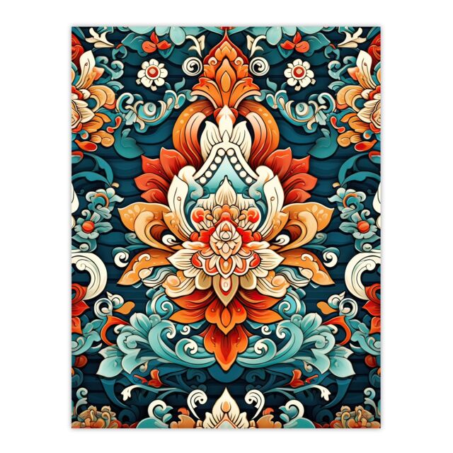 "Artery8 Wall Art Print Hindu Floral Pattern Close Up Detail Ornate Design in Amber & Blue Poster - Size: W18"" x H24""" - image 1