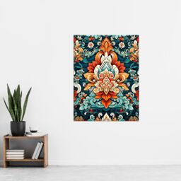 "Artery8 Wall Art Print Hindu Floral Pattern Close Up Detail Ornate Design in Amber & Blue Poster - Size: W18"" x H24""" - thumbnail 4