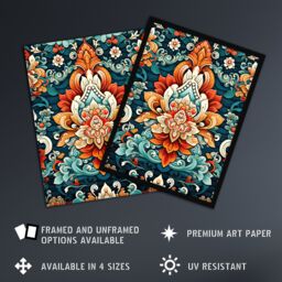 "Artery8 Wall Art Print Hindu Floral Pattern Close Up Detail Ornate Design in Amber & Blue Poster - Size: W18"" x H24""" - thumbnail 2