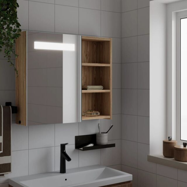 Berkfield Home Bathroom Mirror Cabinet with LED Light Oak 60x13x52 cm in Brown - Size: 60 x 13 x 52 cm - image 1