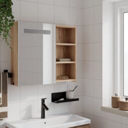 Berkfield Home Bathroom Mirror Cabinet with LED Light Oak 60x13x52 cm in Brown - Size: 60 x 13 x 52 cm - thumbnail 3