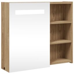 Berkfield Home Bathroom Mirror Cabinet with LED Light Oak 60x13x52 cm in Brown - Size: 60 x 13 x 52 cm - thumbnail 2