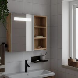 Berkfield Home Bathroom Mirror Cabinet with LED Light Oak 60x13x52 cm in Brown - Size: 60 x 13 x 52 cm
