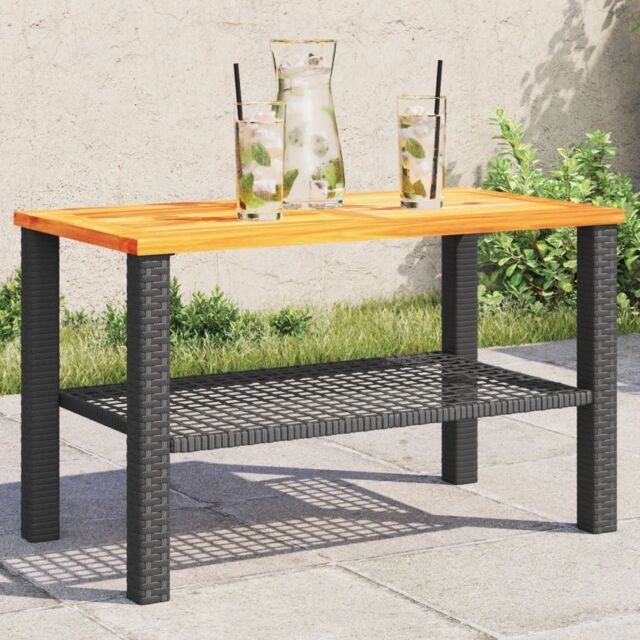 Berkfield Home Garden Table Black 70x38x42 cm Poly Rattan Acacia Wood - Size: 70 x 38 x 42 cm - image 1
