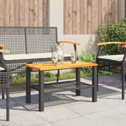 Berkfield Home Garden Table Black 70x38x42 cm Poly Rattan Acacia Wood - Size: 70 x 38 x 42 cm - thumbnail 3