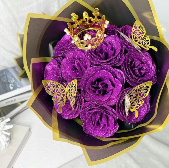 Dragodirect Artificial 12 Blue Rose Flower Bouquet With Glitter Crown Butterfly Wedding Party Decoration in Purple - image 1