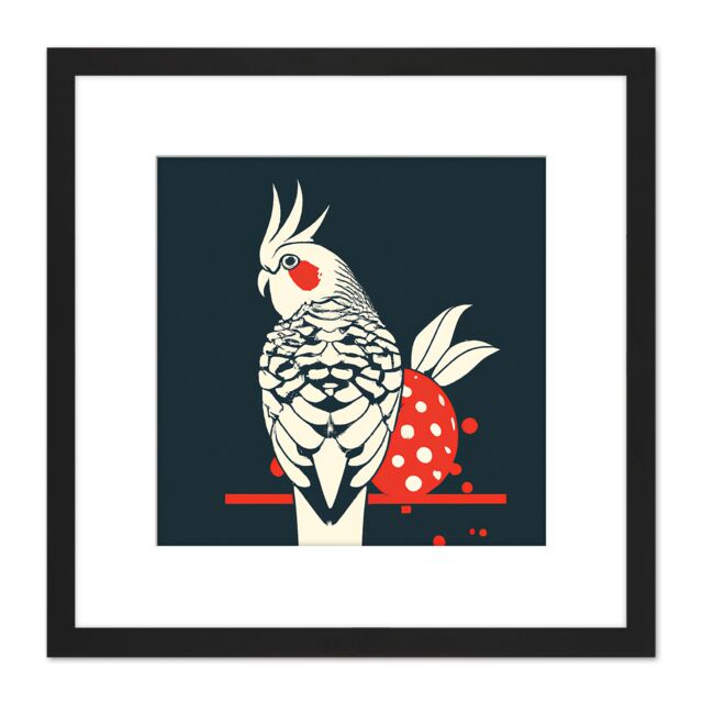 Artery8 Cockatiel Cockatoo Strawberry Tropical Bird Fruit Modern Retro Style Navy White Red Square Wooden Framed Wall Art Print Picture 8X8 Inch - image 1