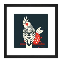 Artery8 Cockatiel Cockatoo Strawberry Tropical Bird Fruit Modern Retro Style Navy White Red Square Wooden Framed Wall Art Print Picture 8X8 Inch - thumbnail 1