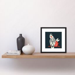 Artery8 Cockatiel Cockatoo Strawberry Tropical Bird Fruit Modern Retro Style Navy White Red Square Wooden Framed Wall Art Print Picture 8X8 Inch - thumbnail 2