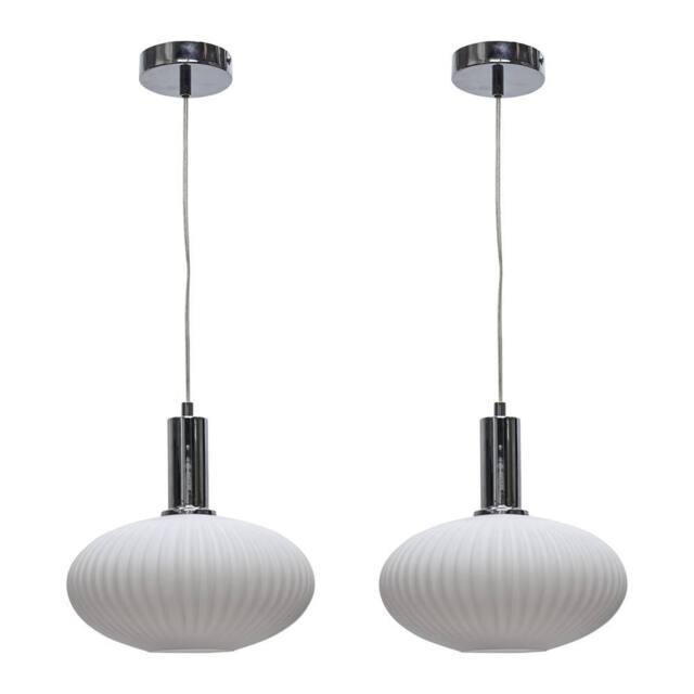 First Choice Lighting Set of 2 Baton - White Ribbed Oval Glass Chrome Deco Pendant Fittings - image 1
