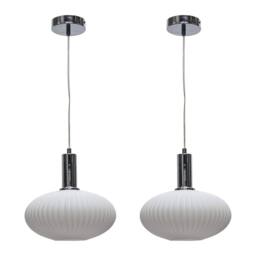 First Choice Lighting Set of 2 Baton - White Ribbed Oval Glass Chrome Deco Pendant Fittings - thumbnail 1