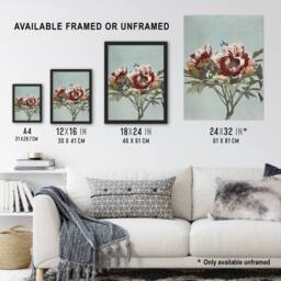 Artery8 Tree Peonies Pink Flower Blooms Vintage Framed Wall Art Print Kazumasa in Blue - Size: A4 - thumbnail 3