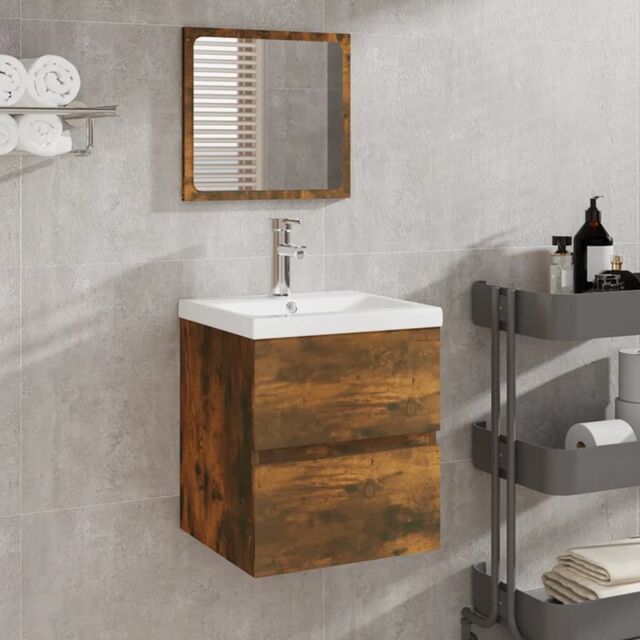 Berkfield Home Bathroom Sink Cabinet with Basin & Mirror Smoked Oak in Brown - image 1