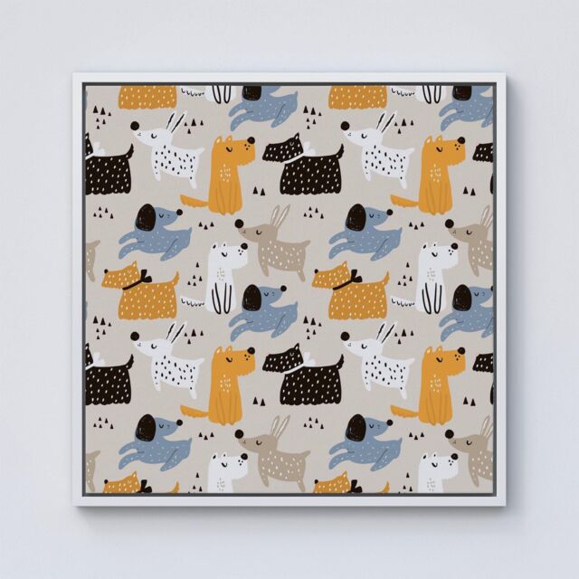 "Warren Reed - Designer Hand Drawn Dogs Framed Canvas in Off-White - Size: W30"" x H30""" - image 1