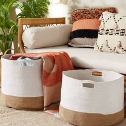 Wyld and Coco Cotton Storage Baskets Set of 2 - White and Light Beige - thumbnail 1