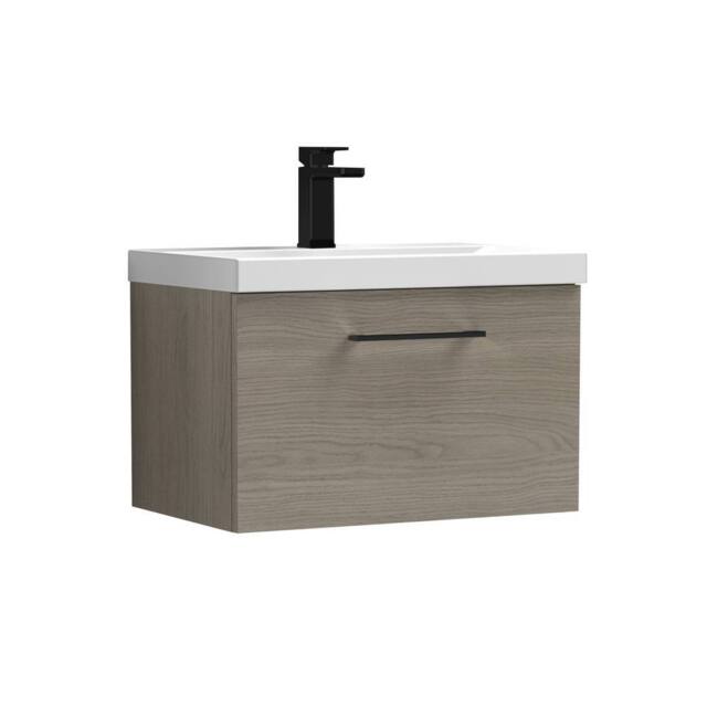 Balterley 600mm Wall Hung 1 Drawer Vanity Basin Unit, Mid Oak, Black Handle in Brown - image 1