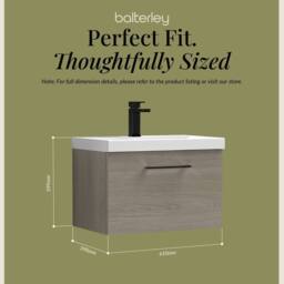Balterley 600mm Wall Hung 1 Drawer Vanity Basin Unit, Mid Oak, Black Handle in Brown - thumbnail 5