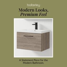 Balterley 600mm Wall Hung 1 Drawer Vanity Basin Unit, Mid Oak, Black Handle in Brown - thumbnail 7